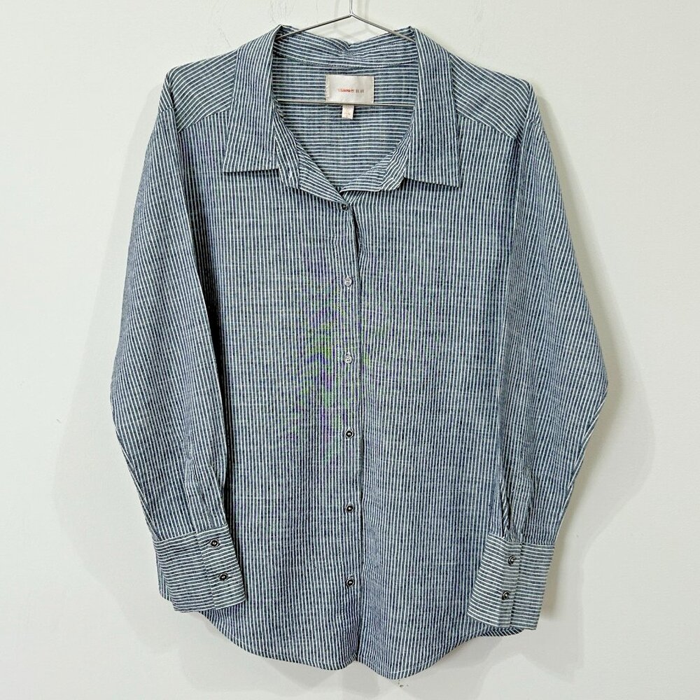 SKIES ARE BLUE Shirt Sz S Blue White Pinstripe Button Tunic Long Sleeve Collared